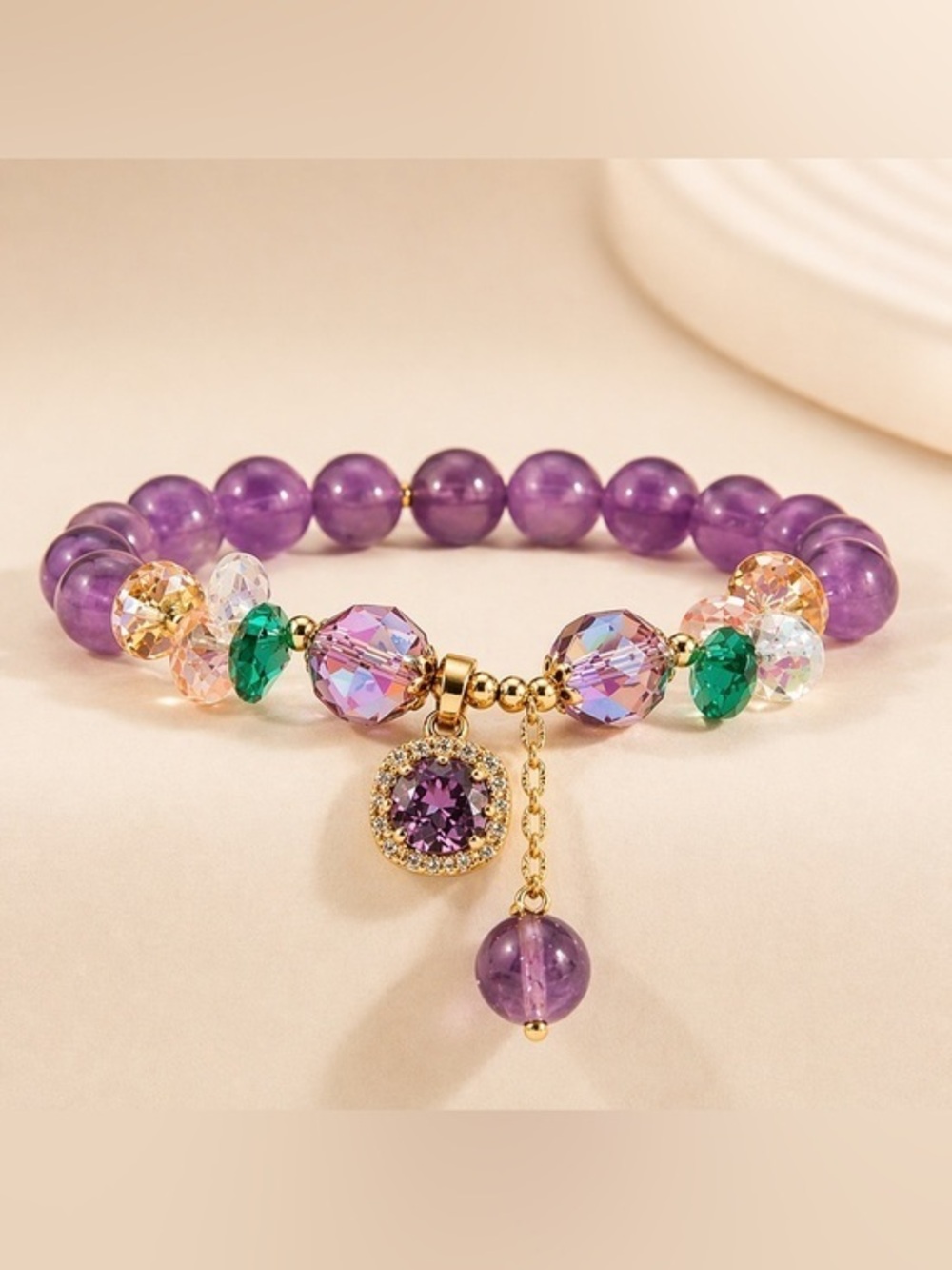 Bracelet Multi Crystal Charms Pueple Amerhyst Gold